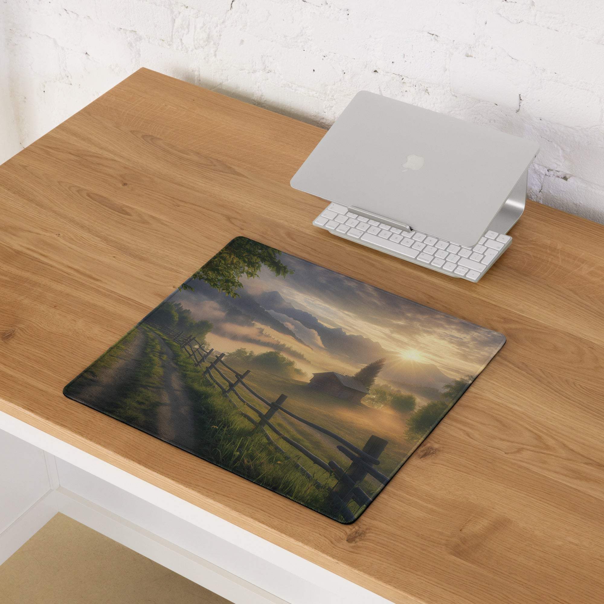 Scenic sunrise glow gaming mouse pad with misty mountains and golden light