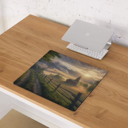 Scenic sunrise glow gaming mouse pad with misty mountains and golden light