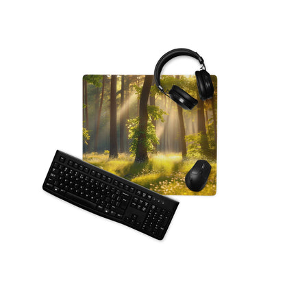 Black keyboard mouse on forest sunrise gaming mousepad with headphones