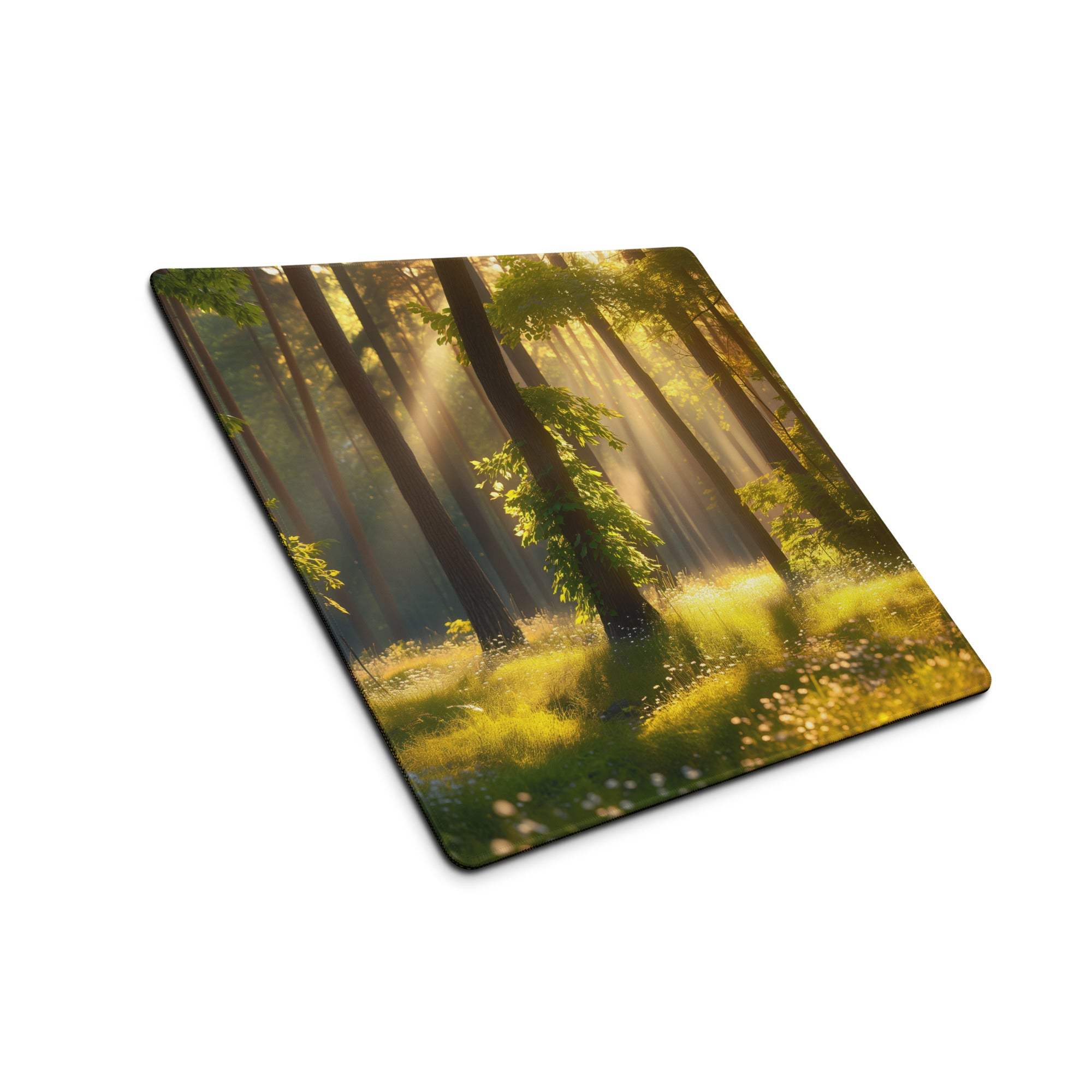 Square forest sunrise gaming mouse pad with sunbeams through trees
