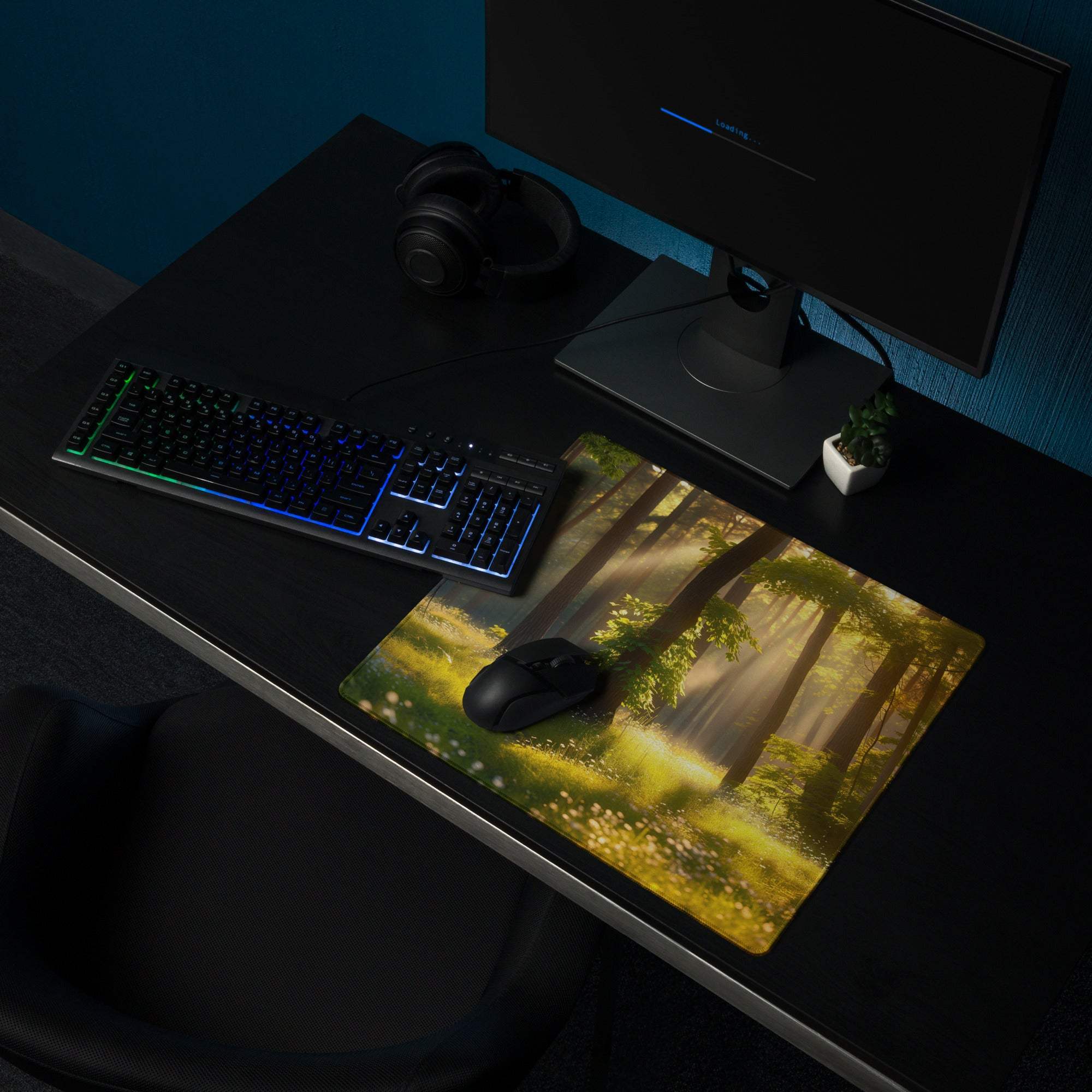 Nature inspired forest sunrise gaming mouse pad with vibrant trees and sunlight