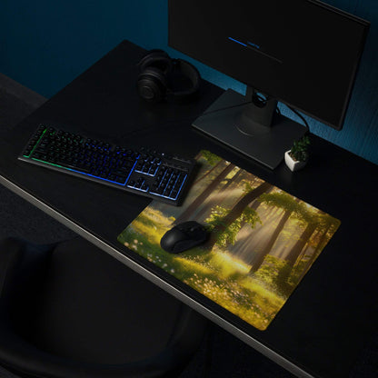 Nature inspired forest sunrise gaming mouse pad with vibrant trees and sunlight