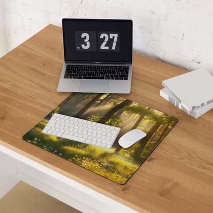 Forest sunrise gaming mouse pad with sunlit trees, non-slip stitched edges