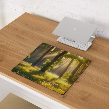Nature inspired forest sunrise gaming mouse pad with vibrant trees and sunlight
