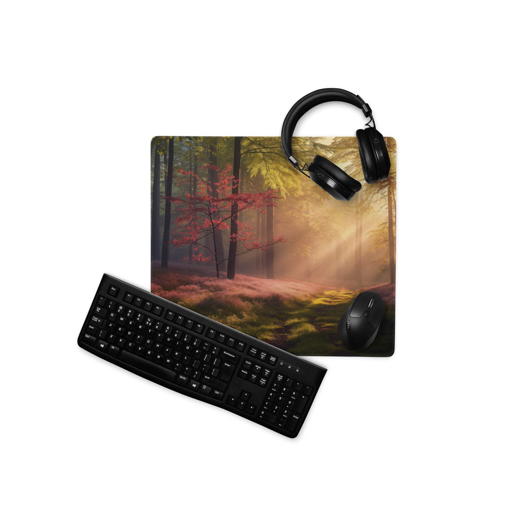 Black matte keyboard on Sunlit Forest Path heather moss gaming mouse pad