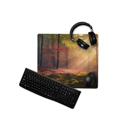 Black matte keyboard on Sunlit Forest Path heather moss gaming mouse pad