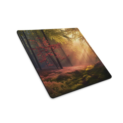 Sunlit forest path gaming mouse pad with heather moss dawn glow