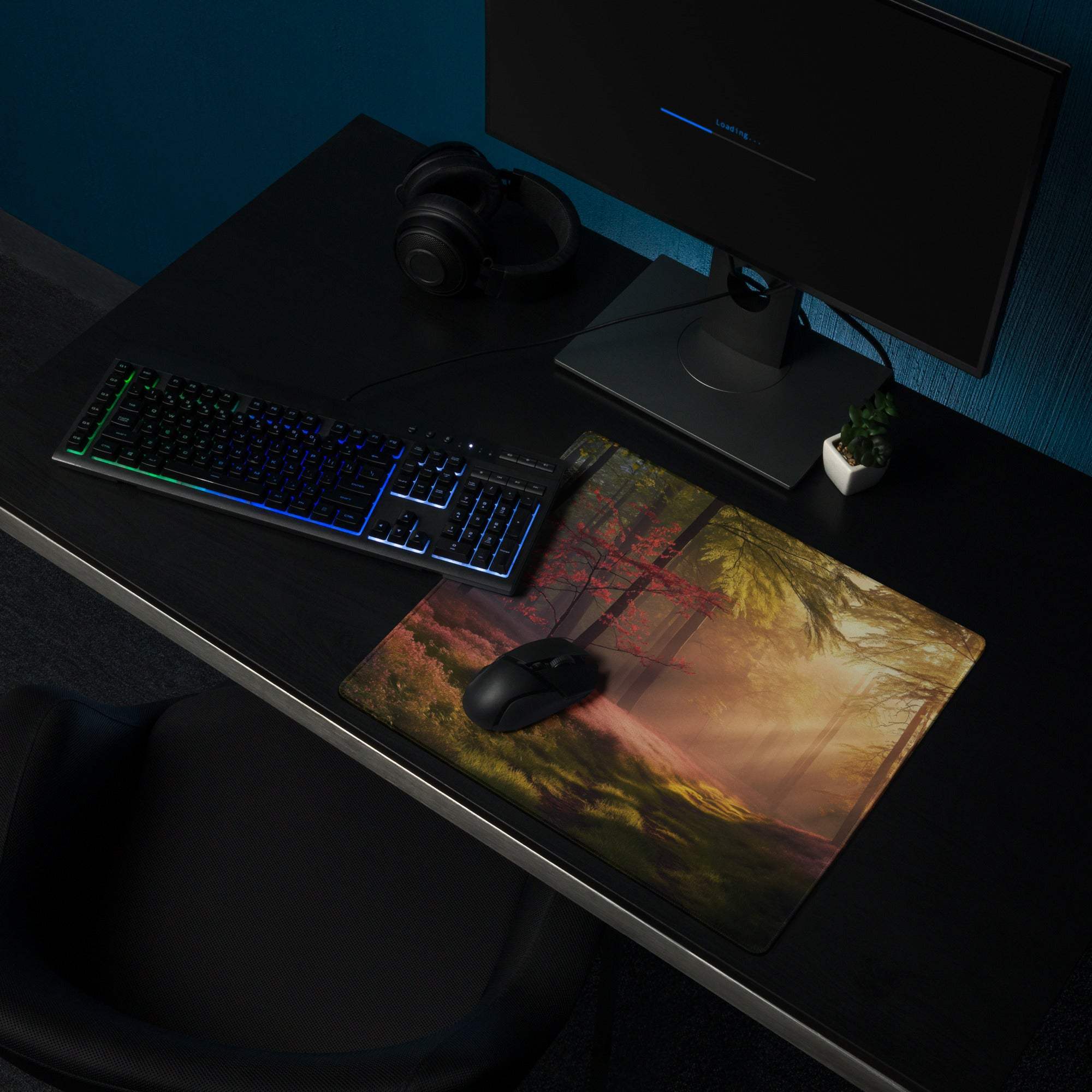 Sunlit forest path with heather moss dawn glow gaming mouse pad
