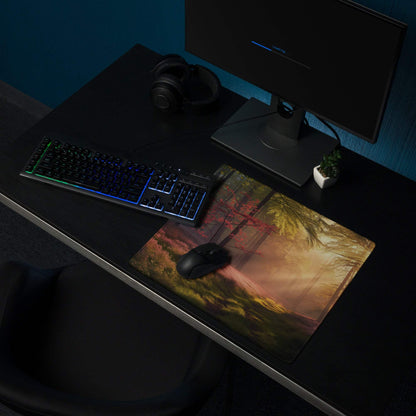 Sunlit forest path with heather moss dawn glow gaming mouse pad