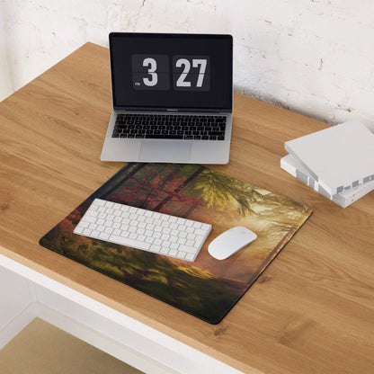 Sunlit forest path gaming mouse pad with autumn leaves on wood desk
