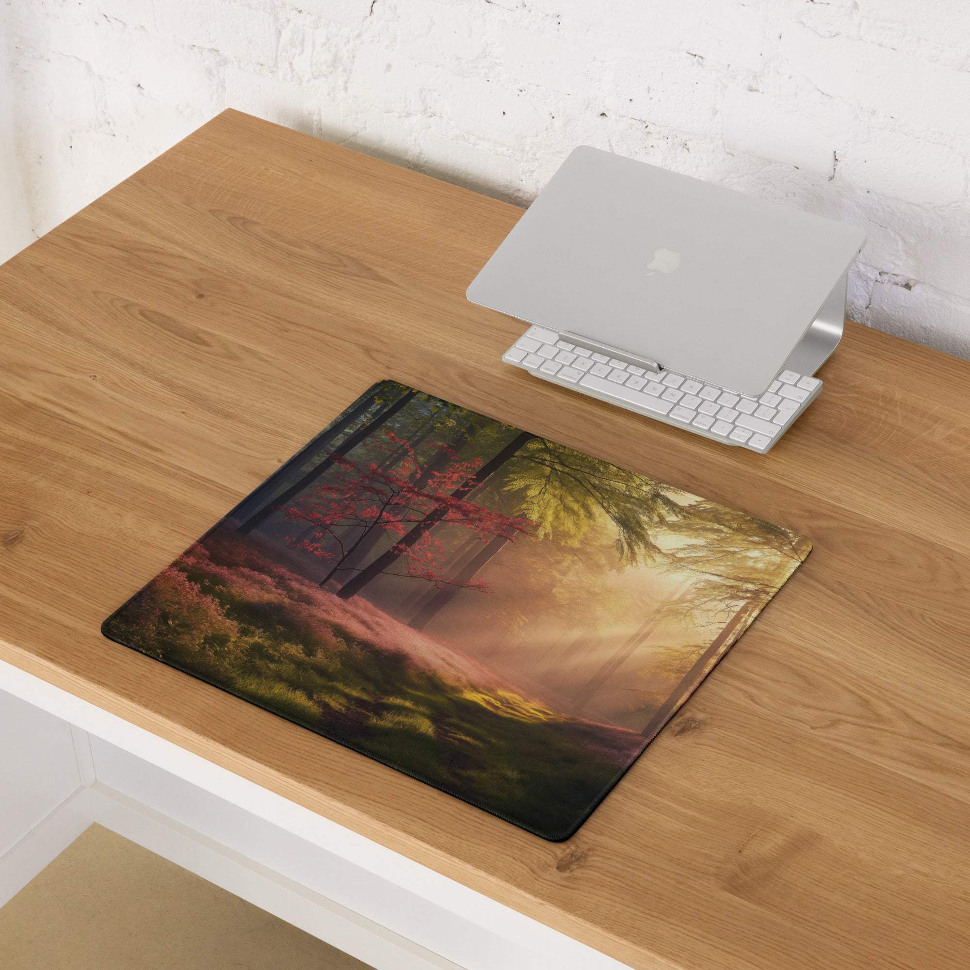 Sunlit forest path gaming mouse pad with heather moss dawn glow