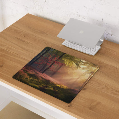 Sunlit forest path gaming mouse pad with heather moss dawn glow