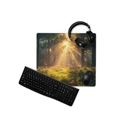 Black matte keyboard on premium sunlit forest gaming mouse pad
