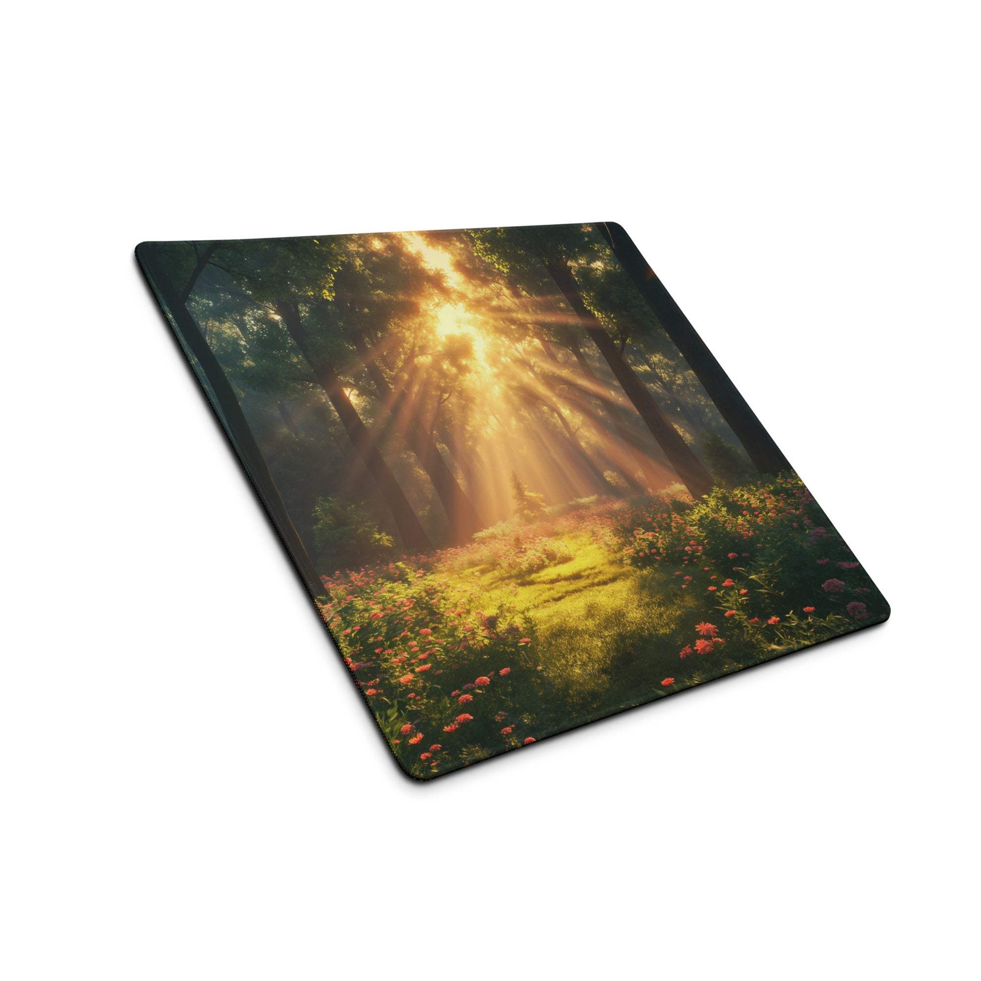 Premium large gaming mouse pad with sunlit forest, pink flowers, edge stitching