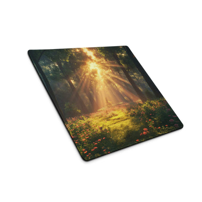 Premium large gaming mouse pad with sunlit forest, pink flowers, edge stitching