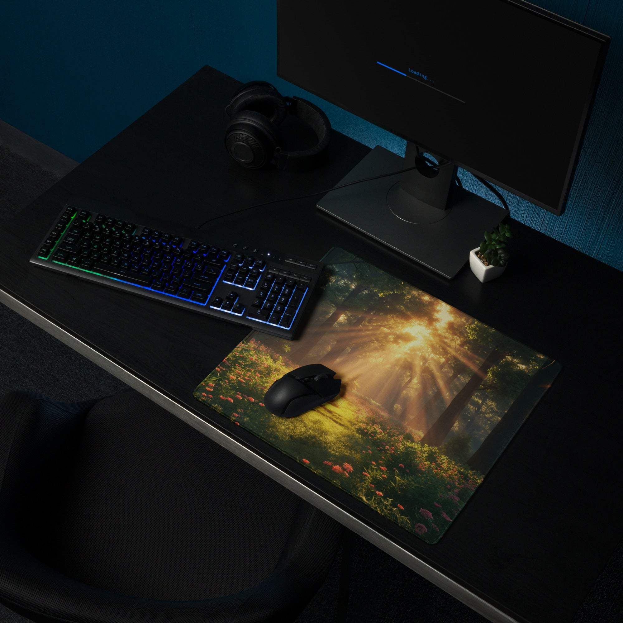 Premium large gaming mouse pad with sunlit forest, edge stitching, non-slip backing