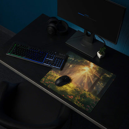 Premium large gaming mouse pad with sunlit forest, edge stitching, non-slip backing