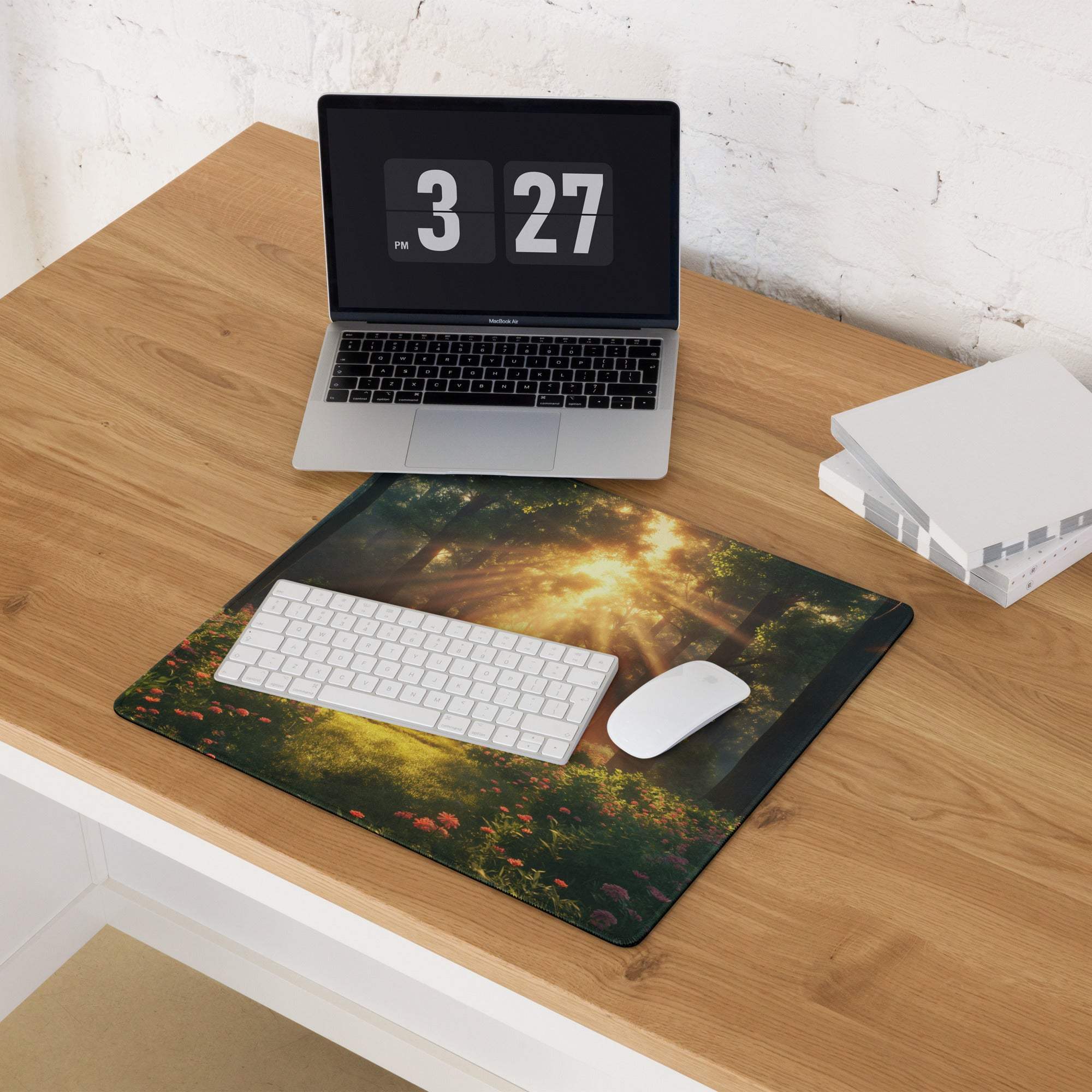 Premium large gaming mouse pad with sunlit forest scene, edge stitching, non-slip backing
