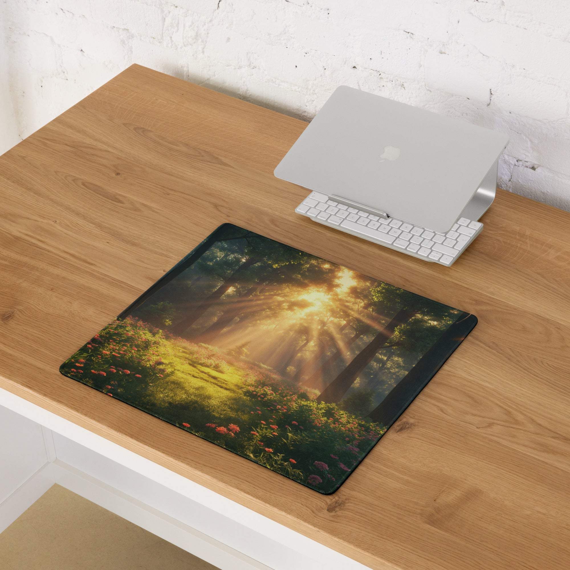 Premium large gaming mouse pad with sunlit forest, edge stitching, non-slip backing