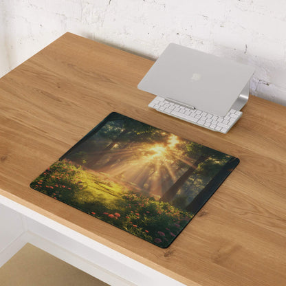 Premium large gaming mouse pad with sunlit forest, edge stitching, non-slip backing