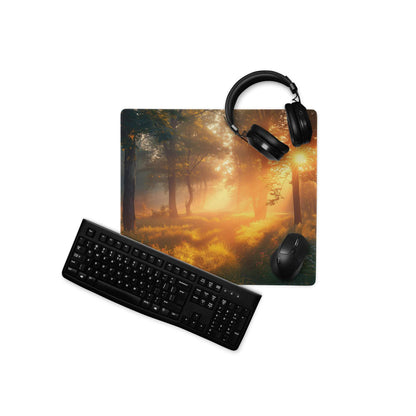 Black wireless gaming headset on vibrant forest sunrise mouse pad