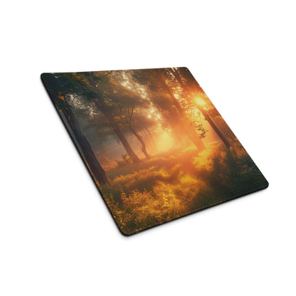 Square forest sunrise mousepad with golden sunlight through misty trees