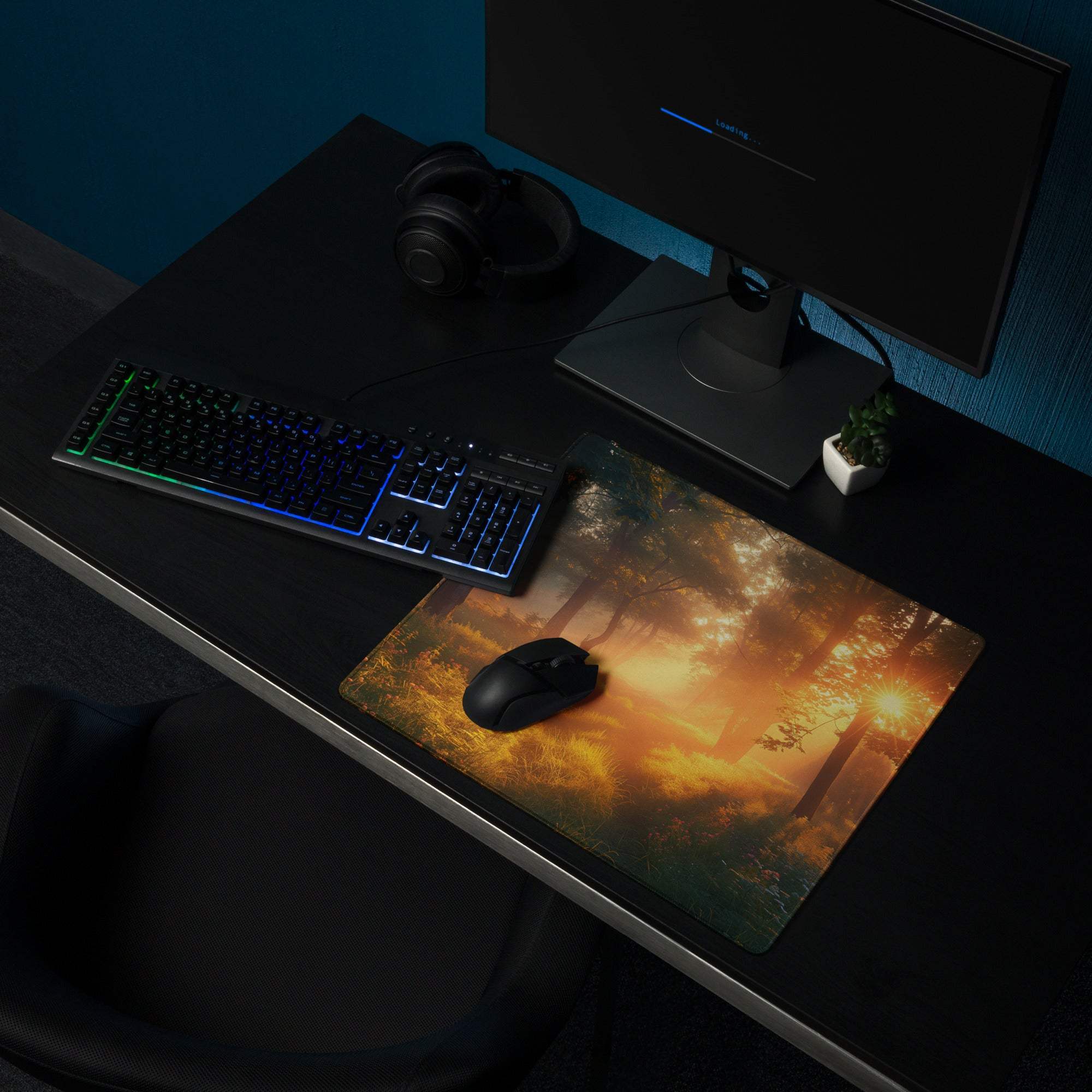 Vibrant fiery forest sunrise gaming mouse pad with golden hour ambience