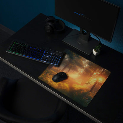 Vibrant fiery forest sunrise gaming mouse pad with golden hour ambience