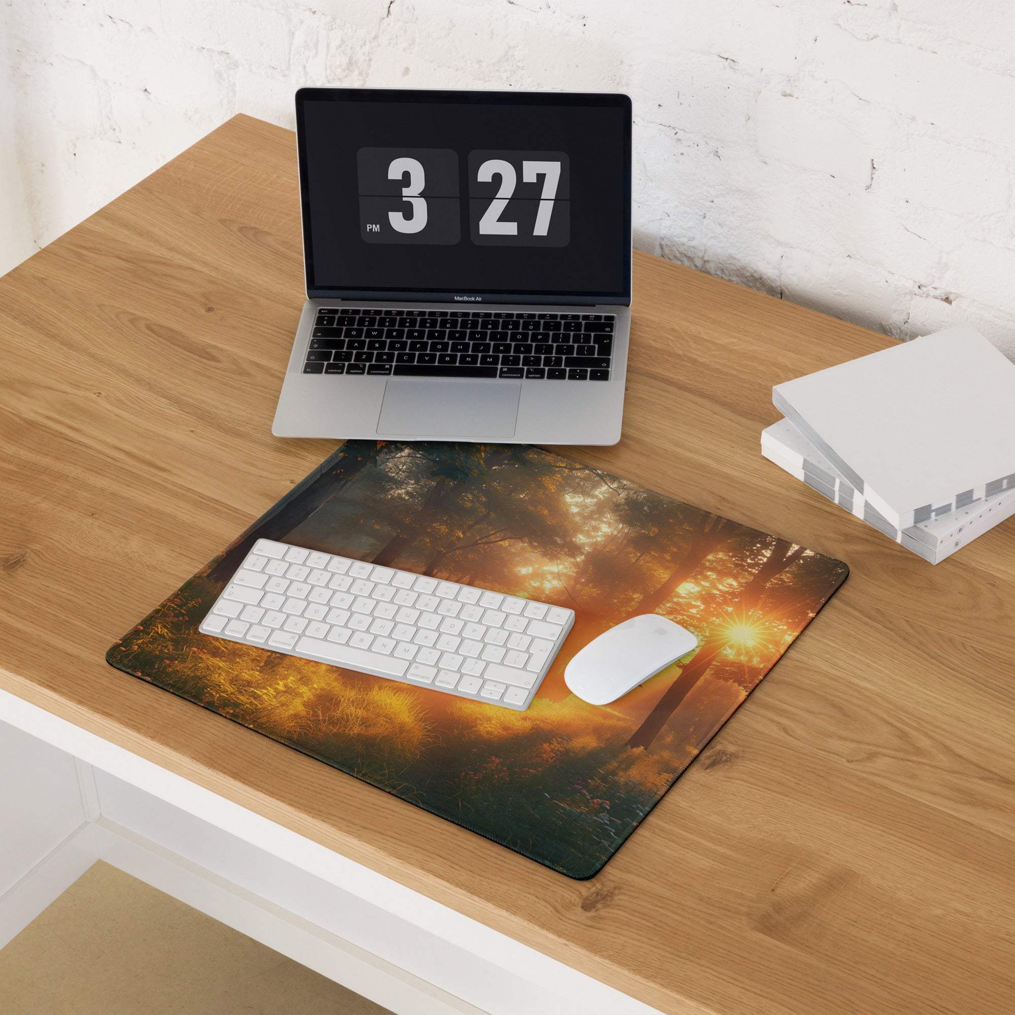 Vibrant sunlit forest sunrise mouse pad with golden hour greens and ambers