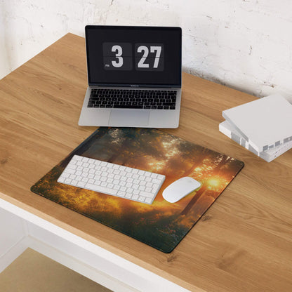 Vibrant sunlit forest sunrise mouse pad with golden hour greens and ambers