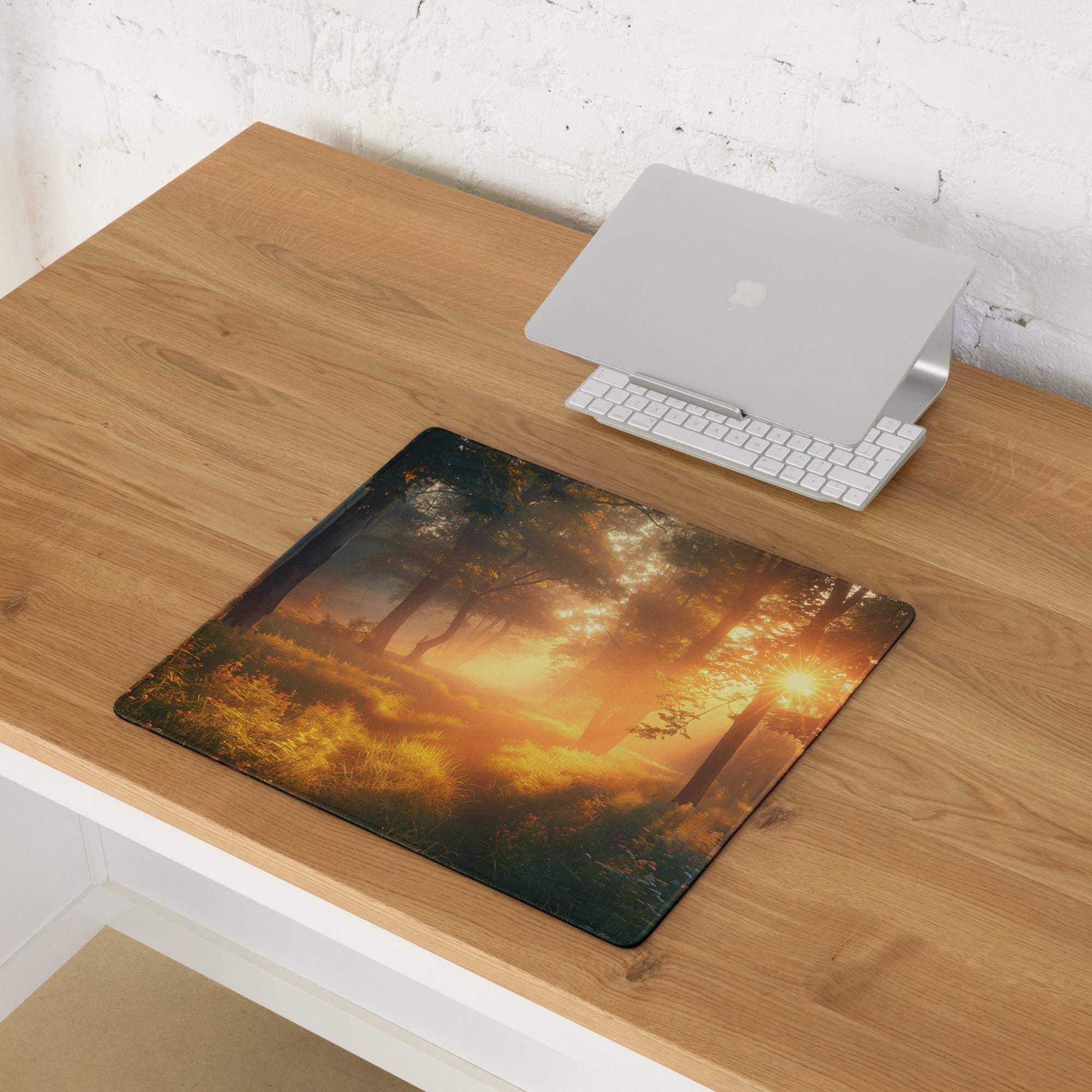 Vibrant sunlit forest sunrise gaming mouse pad with golden hour glow