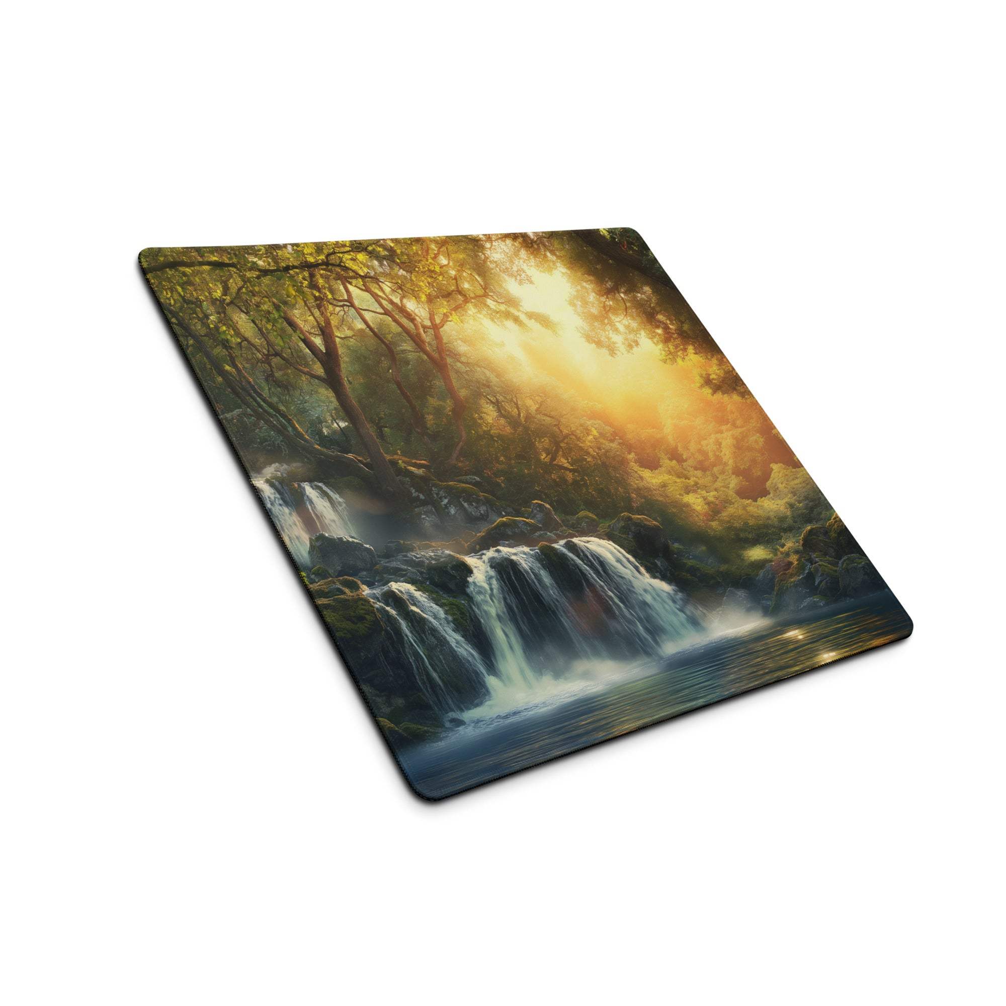 Forest Sunrise Waterfall gaming mouse pad with lush greenery and golden sunlight