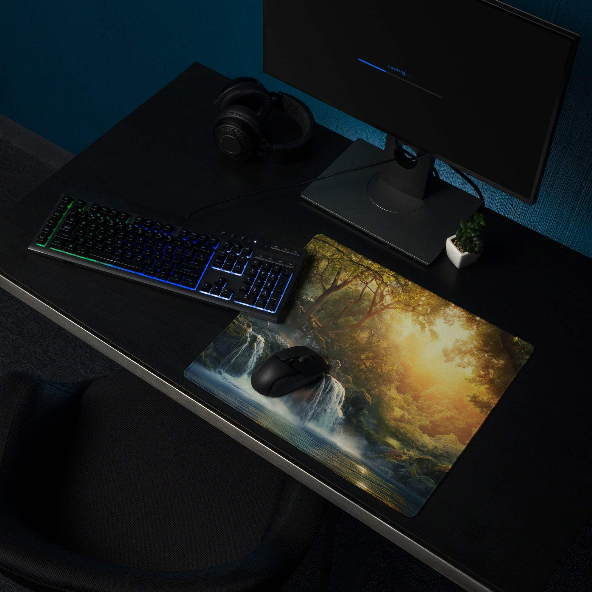 Forest Sunrise Waterfall gaming mouse pad with lush greenery and golden sunlight