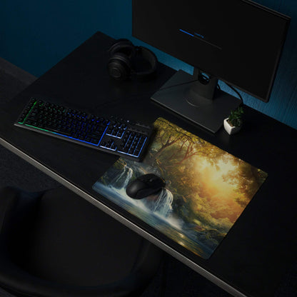 Forest Sunrise Waterfall gaming mouse pad with lush greenery and golden sunlight
