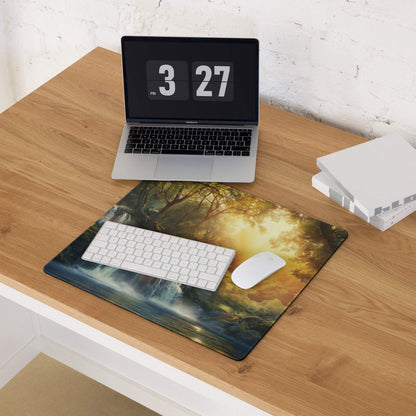 Forest Sunrise Waterfall gaming mouse pad with lush greenery and golden sunlight