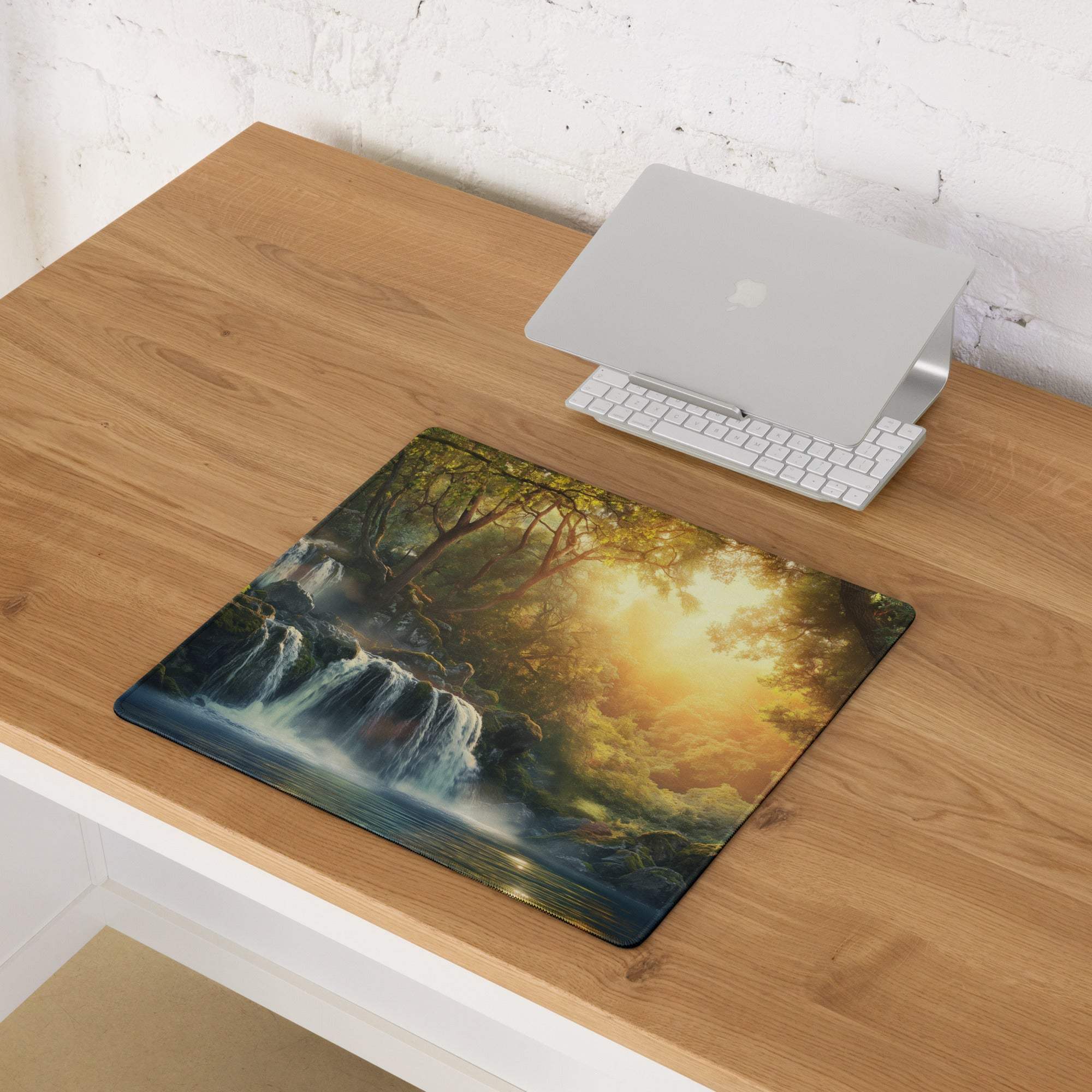 Forest Sunrise Waterfall gaming mouse pad with lush greenery and golden sunlight