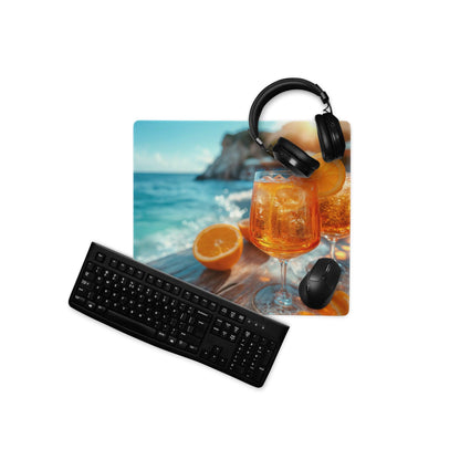 Black keyboard with standard layout and matte finish on premium ocean view mouse pad