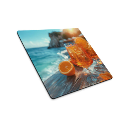 Premium Ocean View gaming mouse pad with vibrant coastal scene, orange cocktail