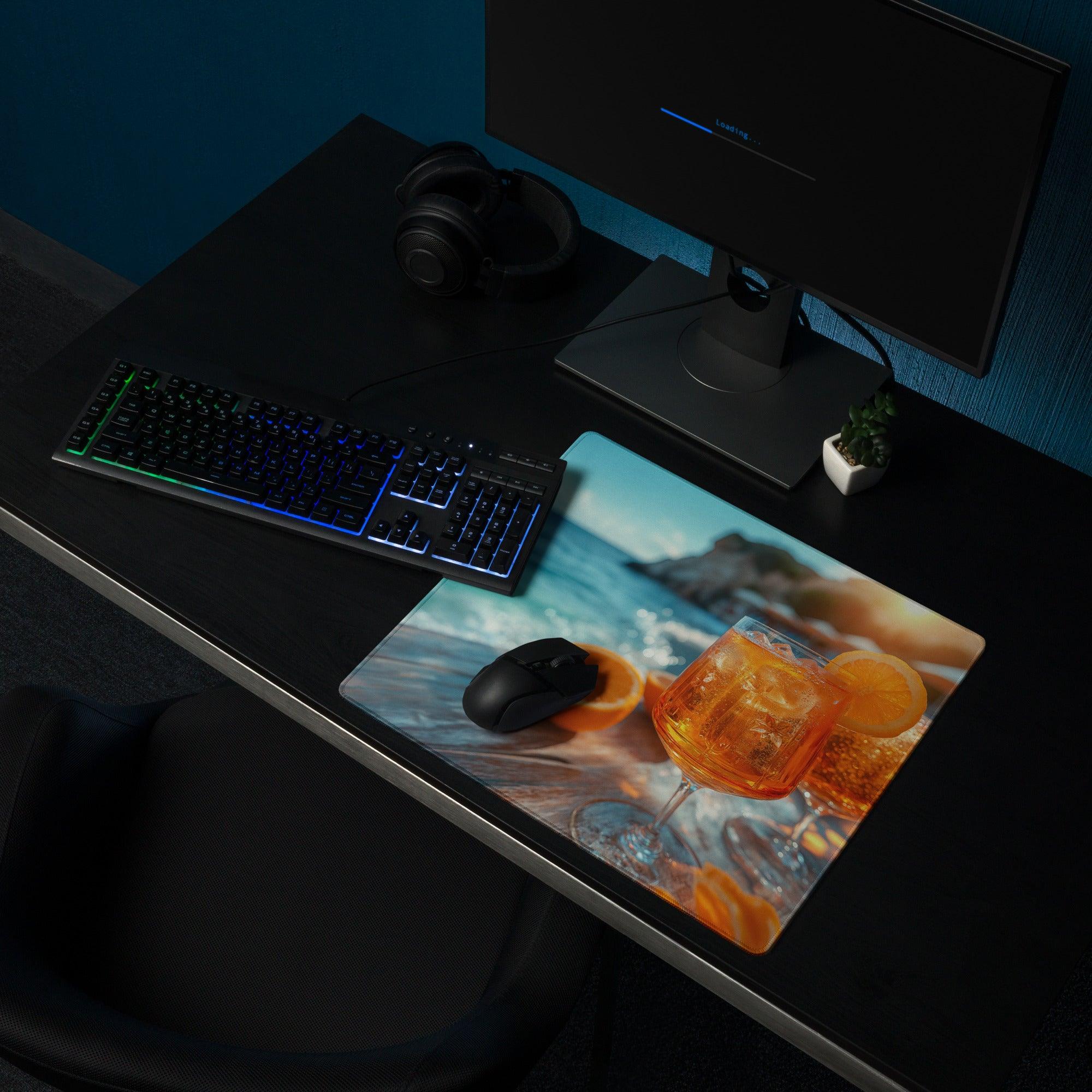 Premium Ocean View gaming mouse pad with vibrant tropical cocktail beach scene