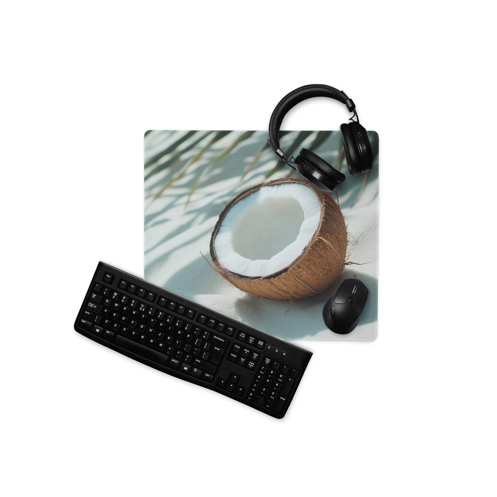 Tropical coconut beach large gaming mouse pad with halved coconut and palm fronds