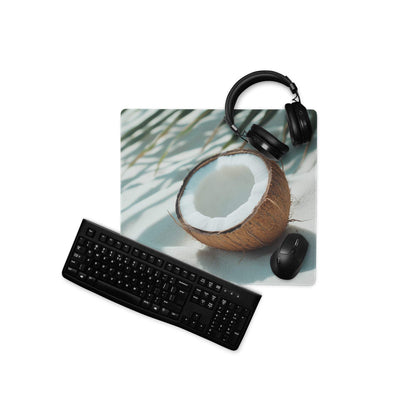 Tropical coconut beach large gaming mouse pad with halved coconut and palm fronds