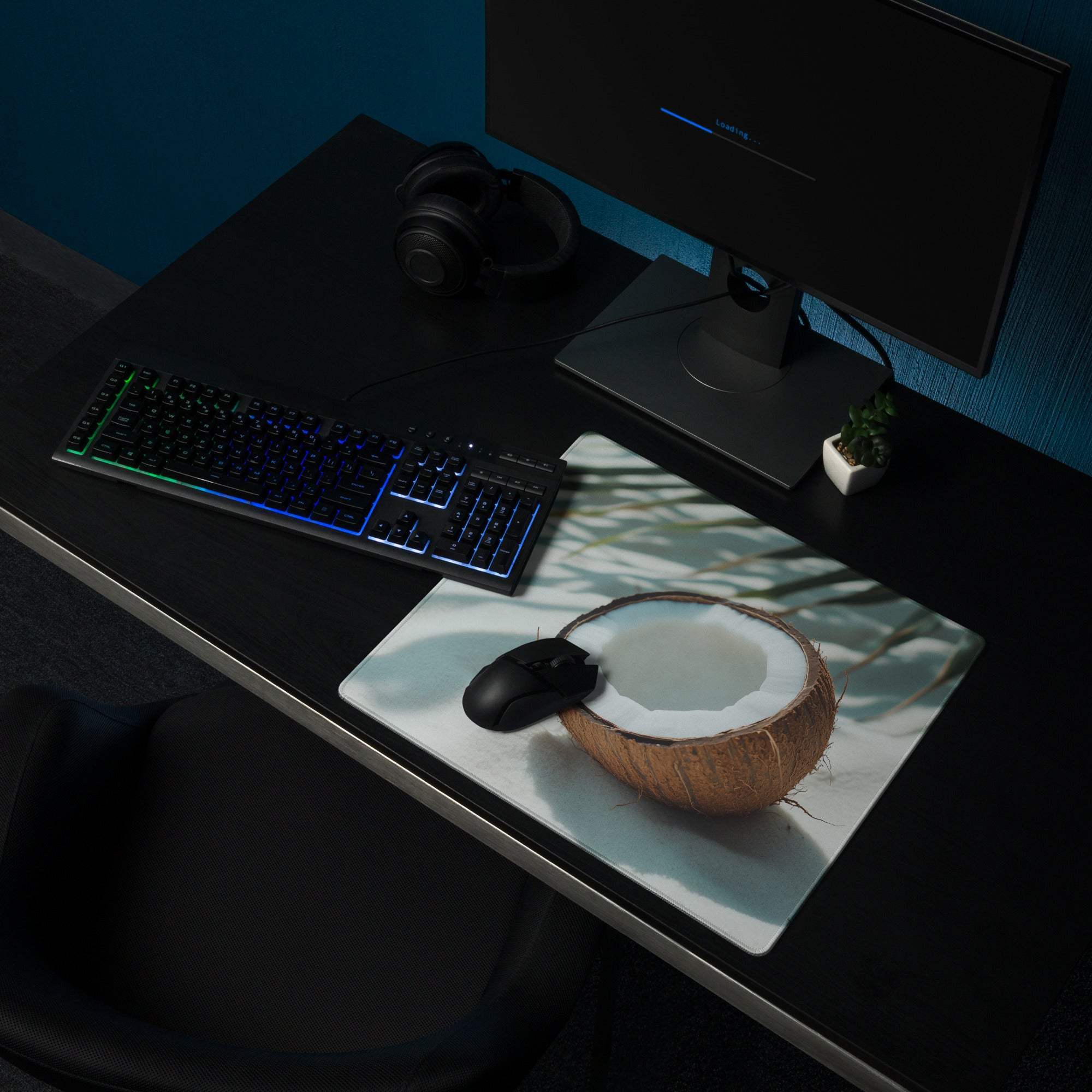 Tropical Coconut Beach large gaming mouse pad with halved coconut print