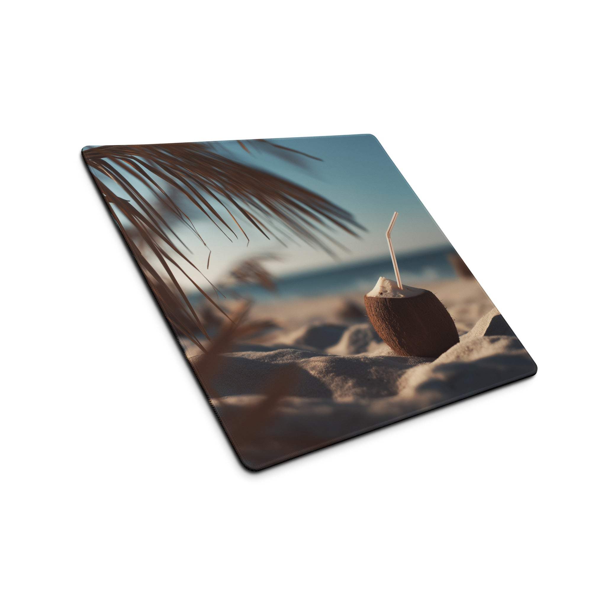 Large coastal sunset beach vibe gaming mouse pad with beige brown sandy shore coconut palm fronds