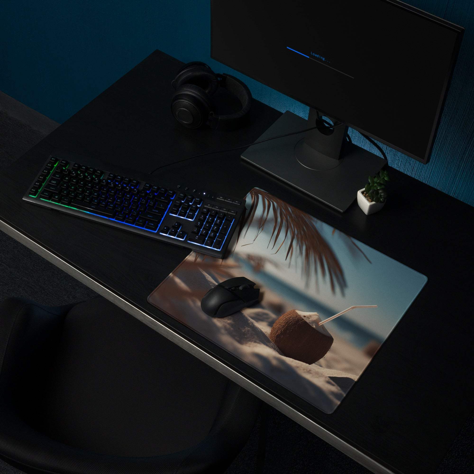 Large Coastal Sunset Beach Vibe gaming mouse pad with tropical scene