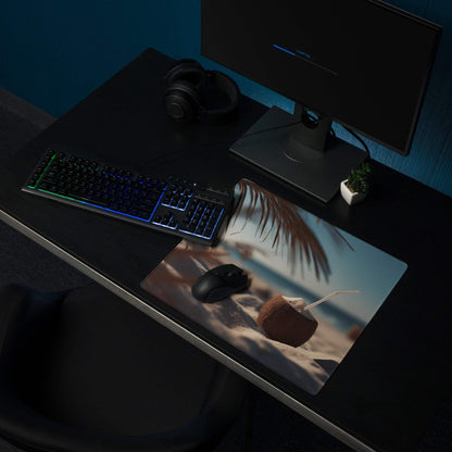 Large Coastal Sunset Beach Vibe gaming mouse pad with tropical scene