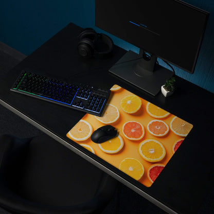 Vibrant orange citrus slice gaming mouse pad, large size, non-slip backing, glossy finish