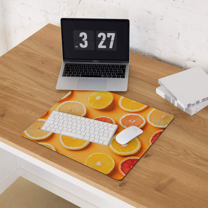 Vibrant orange citrus slice gaming mouse pad with white keyboard and mouse