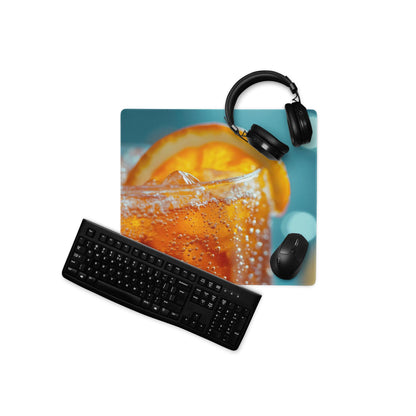 Vibrant orange beverage gaming mouse pad with headphones on large non-slip surface