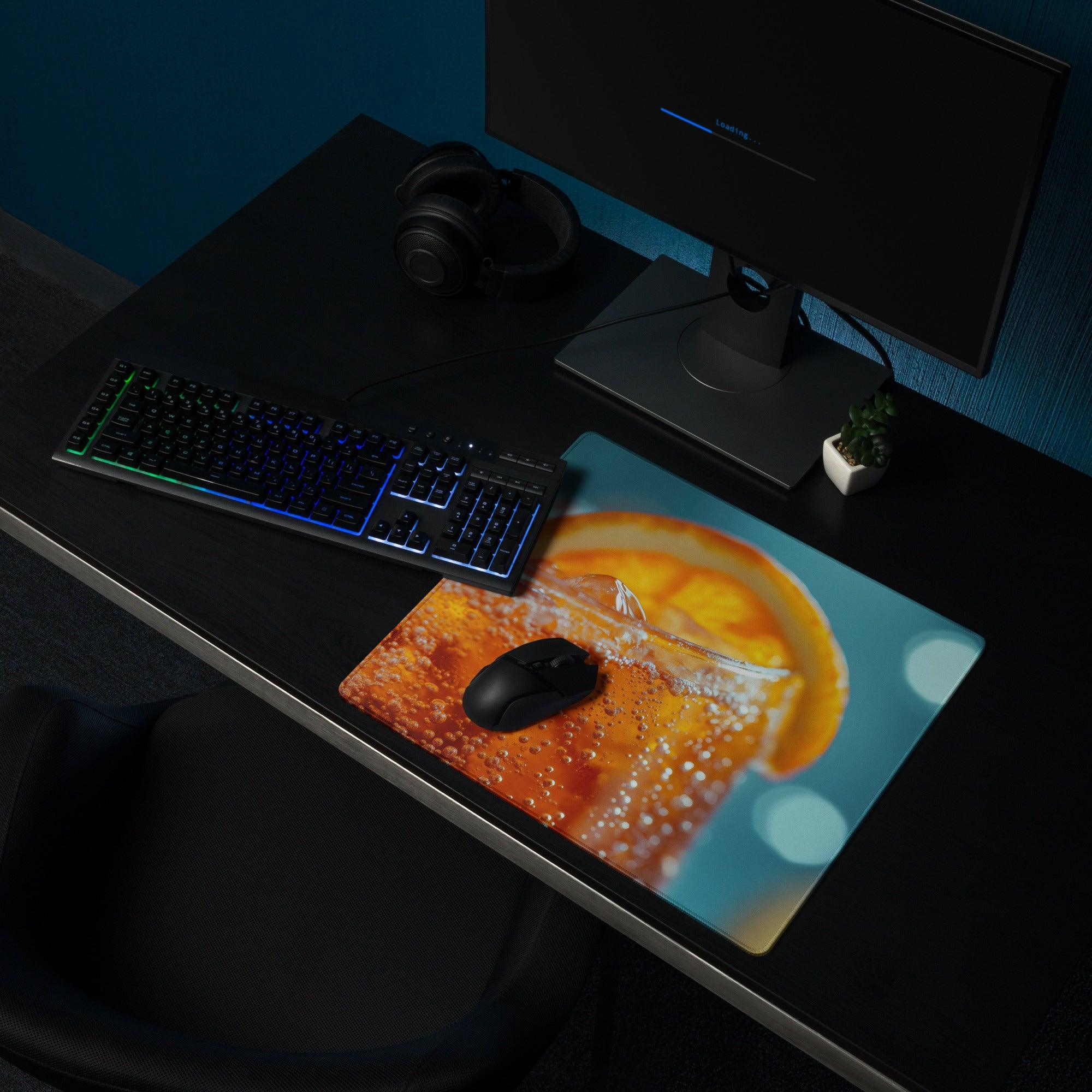 Vibrant orange citrus drink gaming mouse pad with ice, bubbles, non-slip base