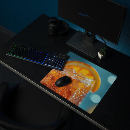 Vibrant orange citrus drink gaming mouse pad with ice, bubbles, non-slip base
